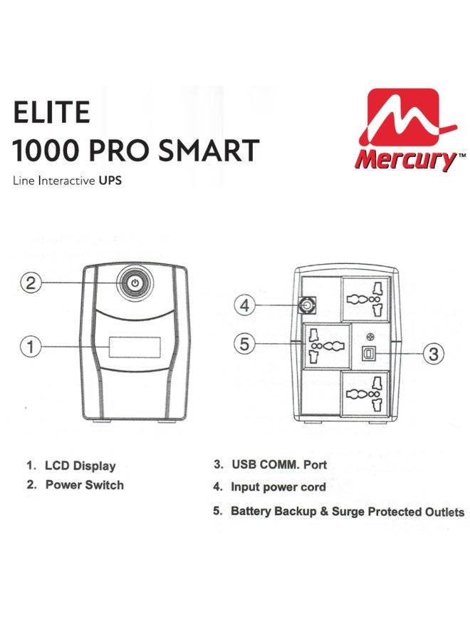 Mercury Elite 1000 Pro Smart UPS, Line Interactive, 1KVA/600W, 230V, LCD Display, 3 Outlets - Image 3